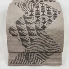 【美品】 袋帯 秀品 関西仕立て 幾何学模様 ピンクベージュ 六通 正絹 【中古】