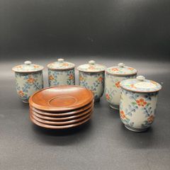 ★未使用品★有田焼 風の木窯 古染風 高麗梅 蓋付 湯飲み5 茶托5 組み合わせ 5個セット★
