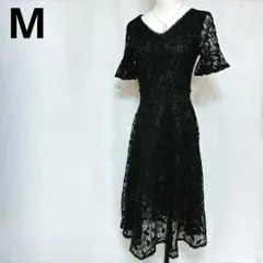 黒レースワンピース Vネック フレア袖 M フォーマル Aライン 韓国購入 半袖