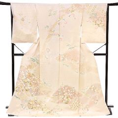 訪問着 吉澤友禅 正絹 ピンクベージュ 貝桶 桜 菊 牡丹 桔梗