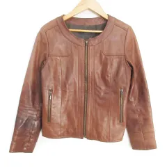 スピック&スパン Spick&Span レザージャケット 革ジャン ノーカラー ミドル丈 ジップアップ 38 茶 ブラウン /FF2