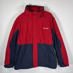古着 トミーヒルフィガー TOMMY HILFIGER マウンテンパーカー 刺繍ロゴ 収納フード フリースライナー M  レッド メンズ