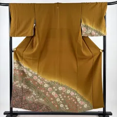 付下げ 身丈155cm 裄丈68.5cm L 袷 辻ヶ花 青海波 染め分け ぼかし 山吹茶色 正絹 名品 一つ紋 【中古】