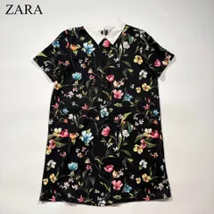 ZARA ザラ 花柄 襟付き ワンピース ドレス フラワー 総柄 フレア ゆったり ブラック L