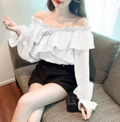 白 ホワイト フリル ブラウス 長袖 シャツ トップス レディース 体型カバー 華奢見え 韓国風 オフショル風 フェミニン 春 夏 秋 冬 デート 通勤 オフィス カジュアル [1066]