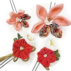 髪飾り 成人式 つまみ細工 赤 ゴールド 振袖 前撮り 袴 花 白 ピンク 緑 ちりめん 房 組紐 和柄 大きい 小さい 4点セット 着物 No.9-4065