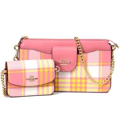 コーチ バッグ COACH コーティングキャンバス スムースレザー チェック ポピー クロスボディ 2way クラッチ ポーチ チェーン ショルダーバッグ+カードケース 定期入れ 名刺入れ コインケース ２点セット タフィーマルチ C8682