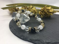 パワーストーン ブレスレット オニキス&水晶&クラック水晶 （ゴールド）レディース 女性  数珠ブレス 開運 プレゼント ギフト  [4]