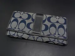 ■美品■ COACH コーチ シグネチャー キャンバス×レザー 二つ折り 長財布 ウォレット 札入れ 小銭入れ ネイビー系 DH4037