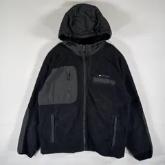 古着 トミーヒルフィガー TOMMY HILFIGER フリースジャケット フルジップ ワンポイントロゴ刺繍 ナイロン パーカー L  ブラック メンズ
