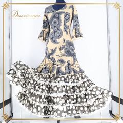 フラメンコ 衣装 ワンピース ドレス ソニアジョーンズ SONIA JOHNES アイボリー 紺色 ネイビー ボランテ フリル レース ホワイト系 ダンス 舞台 発表会 プリント おしゃれ ステージ 衣装 レディース 発表 デザイン レディースドレス フリル