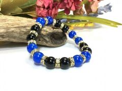 ブルーメノウ&オニキス パワーストーン ブレスレット 天然石 10mm （ゴールド）メンズ・レディース　男性・女性　数珠ブレス　開運 [17]