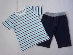 ミキハウス miki house mikihouse アウトレット 子供服 男の子 110cm 半袖 Tシャツ ハーフ パンツ 2点 ボーダー 紺 青 ズボン ボトムス 春 夏 ★3 セットアップ ボーイズ 男児 キッズ 【中古】 ユーズドのサムネイル