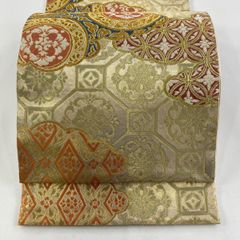 袋帯 美品 名品 幾何学模様 縞 金糸 金茶 全通 正絹 【中古