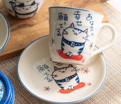 美濃焼日本製　染猫マグと皿セット　願い猫と笑顔猫　コーヒー 紅茶 ミルク ラテ　エスプレッソ 結婚祝い　贈り物 ギフト お祝い 海外プレゼント