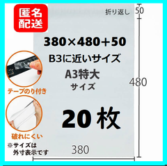 【匿名配送】LDPE宅配袋 宅配ビニール袋　B3に近いサイズ　20枚　テープ付き　透けない 梱包 資材　特大サイズ　380×480