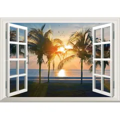 絵画風 壁紙ポスター (はがせるシール式) -窓の景色- ハワイ オアフ島の夕陽とパームツリー 海 【窓仕様／トリックアート】 キャラクロ HWI-014MA2 (A2版 594mm×420mm) ＜日本製＞ ウォールステッカー お風呂ポスター