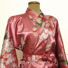 新品 匿名 ピンク 桜と太鼓橋 女 着物 フリーサイズ ポリエステル Japanese Kimono For Women.