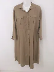 ◇ Andemiu アンデミュウ 開襟 胸ポケット 長袖 膝下丈 ワンピース サイズF ベージュ系 レディース P  【1212280010658】