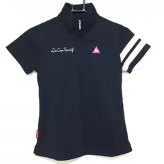 【美品】ルコックゴルフ 半袖ハイネックシャツ ネイビー×白 ハーフジップ 袖2ライン レディース M ゴルフウェア le coq sportif