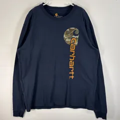 古着 カーハート Carhartt 長袖Tシャツ 迷彩ロゴ クルーネック 両面 ラバープリント L  ネイビー メンズ