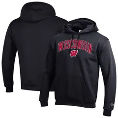 【送料無料】 チャンピオン メンズ Tシャツ トップス Men'sChampion Black Wisconsin Badgers Arched Logo Fleece Pullover Hoodie Wis Black