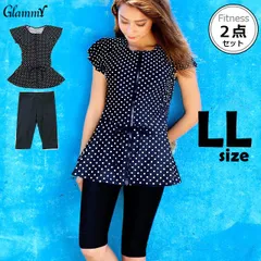 【LL】 ロング丈 フィットネス水着 上下2点セット レディース 体型カバー セパレート チュニック丈 フリル袖 半袖 袖付き 膝上丈スパッツ 水中ウォーキング ドット柄 水玉 プール ジム 女性 送料無料 m-f-0028