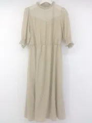 ◇ MAJESTIC LEGON フリルカラー 水玉 ドット 七分袖 膝下丈 ワンピース サイズM ベージュ系 ホワイト レディース P  【1304190002974】