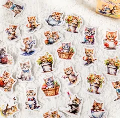 フレークシール紙製猫可愛い小さいミニペット雑貨まとめ売り人気こねこコラージュ花籠