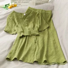 フレアスカート ショート丈 ブラウス セットアップ トップス スカート ショート ショート丈 ミモレ ミモレ丈 半袖 ドロップショルダー Vネック 襟なし Aライン 前開き サッカー 上下セット 2点セット ツーピース かわいい 大人可愛い きれいめ シンプル