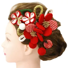 髪飾り 成人式 つまみ細工 赤 振袖 前撮り 袴 花 3点セット 白 ゴールド ちりめん 鹿の子 玉飾り 玉簪 玉かんざし 一本差し 組 No.12-0004