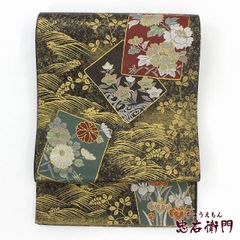 西陣織 宮本貞男謹製 袋帯 正絹 六通柄 黒地 金糸 未仕立て カトレア 