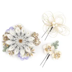 髪飾り 成人式 水引 つまみ細工 ゴールド ちりめん 振袖 前撮り 袴 花 水色 ブルーグレー 生成り ベージュ 白 パール ビーズ No.12-1108