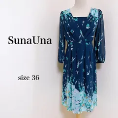 Suna Una スーナウーナ ワンピース ひざ丈 長袖 花柄 薄手 ネイビー 36 古着 匿名配送 送料無料 レディース  【5-83】