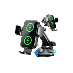 スマホホルダー 車 ワイヤレス充電 15W デュアルコイル ワイヤレス充電器 車 スマホスタンド 自動開閉 車 スマホホルダー 充電 急速 12~17cm伸縮アーム 360度回転/吸盤式＆エアコン吹き出し口両用 スマホスタンド 車 充電 片手操作 取付簡単 0