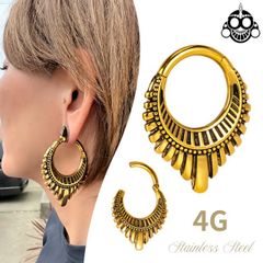 ボディピアス 4G ゴールド エスニックレリーフ マグネット 磁石 ワンタッチピアス クリッカーピアス ロブ ステンレスピアス リングピアス 拡張ピアス