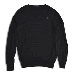 BURBERRY BLACK LABEL バーバリーブラックレーベル VネックボーダーTシャツ ホースロゴ刺繍 長袖 サイズ3 ブラック メンズ