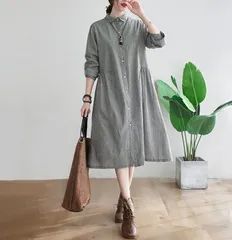 ゆる ロングシャツ チェック柄 シャツワンピース チェック柄 レディース 春夏 長袖 スタンドカラー 大きいサイズ 綿麻 ロングワンピース ミモレ丈 ゆったりワンピース コットン リネン ワンピ シンプル カジュアル キレイめ 体型カバー 着痩せ1032