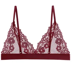 ノンワイヤーブラ 三角ブラ 総レース レディース ホック付き 花柄 シースルー セクシー ナイトブラ 薄手 ノンパッド 肩紐調節 透け感 黒 白 赤 紺 br-002