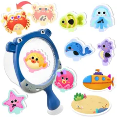 VBACALA お風呂おもちゃ おふろおもちゃ タコ カニ クジラ 色が変わる 動物パズル 魚すくい タモ網 水遊び 収納用ネット付き バストイ クリスマス プレゼント