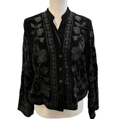 ザラ ZARA 美品 ジャケット ベロア 刺繍 花柄 フラワー ショート丈 薄手 Mサイズ 黒 ブラック ■MMI