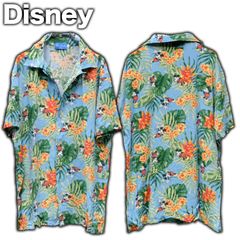 Disney ミッキー総柄 アロハシャツ オープンカラーシャツ Lサイズ レーヨン100% ココナッツボタン トロピカル 東京ディズニーリゾート