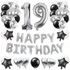 【在庫セール】お祝い パーティー サプライズ 装飾 ドットシール 紙吹雪風船 シルバー＆ブラック ハート風船 BIRTHDAY」ランド 「HAPPY 組み合わせ 男の子 数字バルーン 風船セット 飾り付け 女の子 誕生日 19歳 88枚