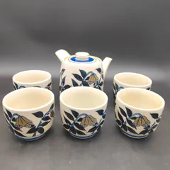 九谷焼 芳山 茶器揃 青九谷 百合 急須 湯呑5 kutani S210