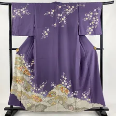訪問着 身丈158cm 裄丈65cm M 袷 扇面 草花 金糸 金彩 紫 正絹 秀品 【中古】