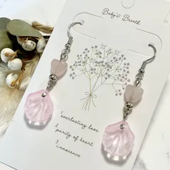 62.天然石 ローズクォーツ ピンク水晶 ハート シルバー フックピアス ハンドメイド