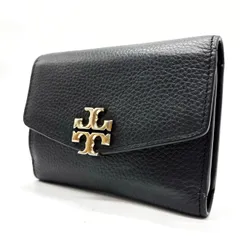 ✨良品✨ Tory Burch トリーバーチ 三つ折り 財布 コンパクトウォレット キラ ロゴ金具 ゴールド金具 ロゴ型押し カードケース 小銭入れ 定期入れ シボレザー レディース ブラック 黒色