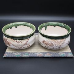 ★陶器 瀬戸物 美濃焼 加藤五陶作 織部釉 茶器 茶道具 建水 2個