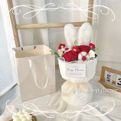 ワンホンブーケ アーティフィシャルフラワー うさぎ耳 うさ耳 ホワイトうさぎ ブーケ プレゼント 推し活 推しグッズ 生誕祭 誕生日 プレゼント 写真撮影 入学式 卒業式 成人式 花束 紙袋付き 毛糸 レッド 仕入版