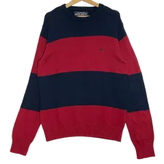 NAUTICA JEANS CO. ノーティカ ジーンズ ニット セーター ボーダー 長袖 ワンポイント刺繍 オーバーサイズ ビッグシルエット China製 Lサイズ レッド ネイビーのサムネイル